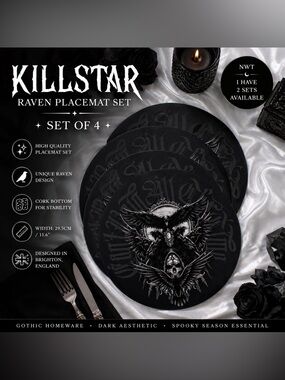 KILLSTAR Raven Placemat Set of 4 Gothic Haunted Homeware NWT Black Cork Backed